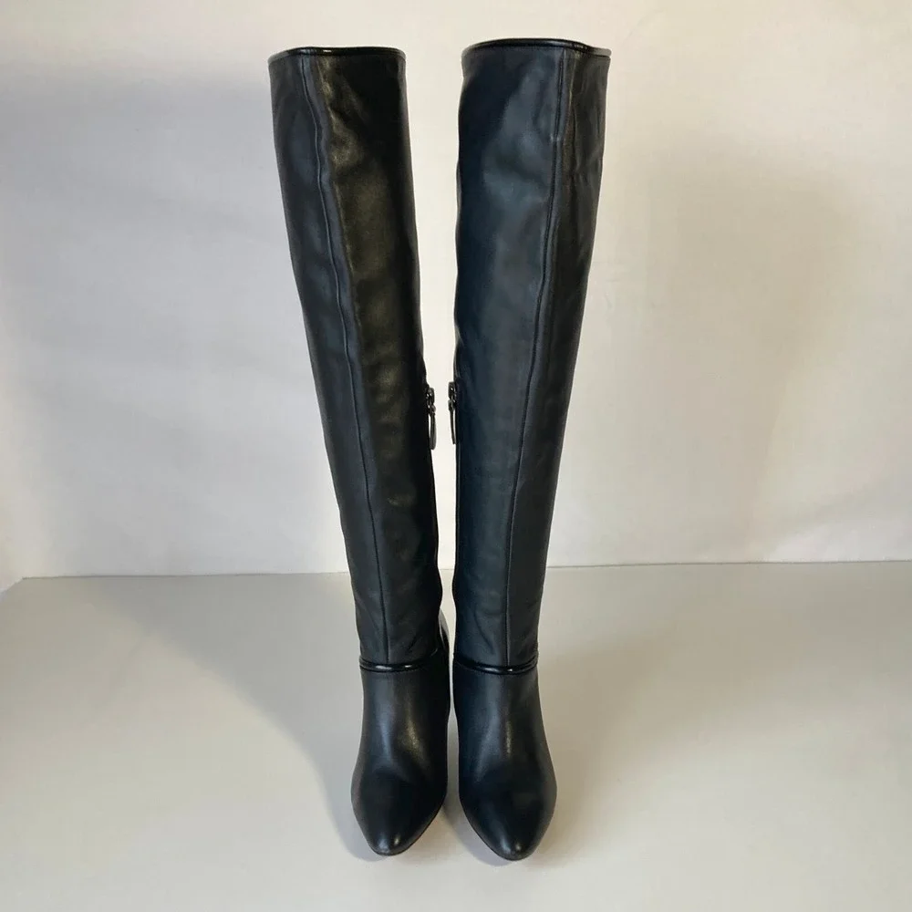 10 Crosby Derek Lam Pointy Over The Knee Black Leather Heel Boot Women 7 RP$650